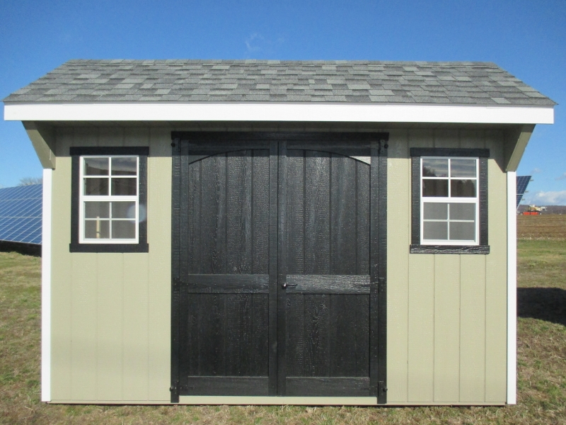 8x12 Quaker Shed, Clay siding, Black trim, Dk. Gray roof, OPTIONAL Miratech Fascia, Garden Vents, Arched Top Doors, list price $2,290, DISPLAY UNIT $2,061 Honey Brook